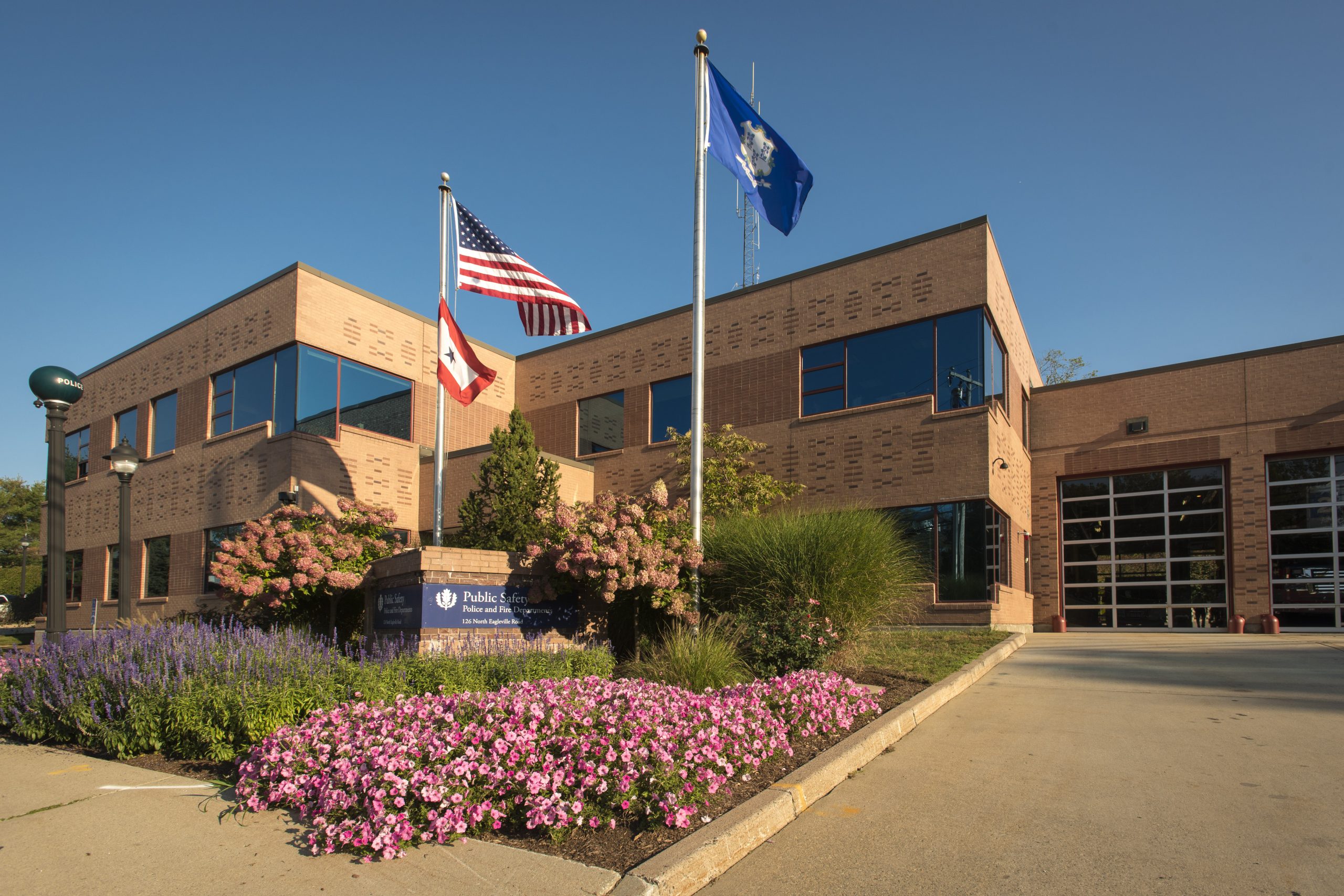 Exterior views of the Public Safety Complex, Police/Fire Departments Complex on Sept. 28, 2017. (Sean Flynn/UConn Photo)