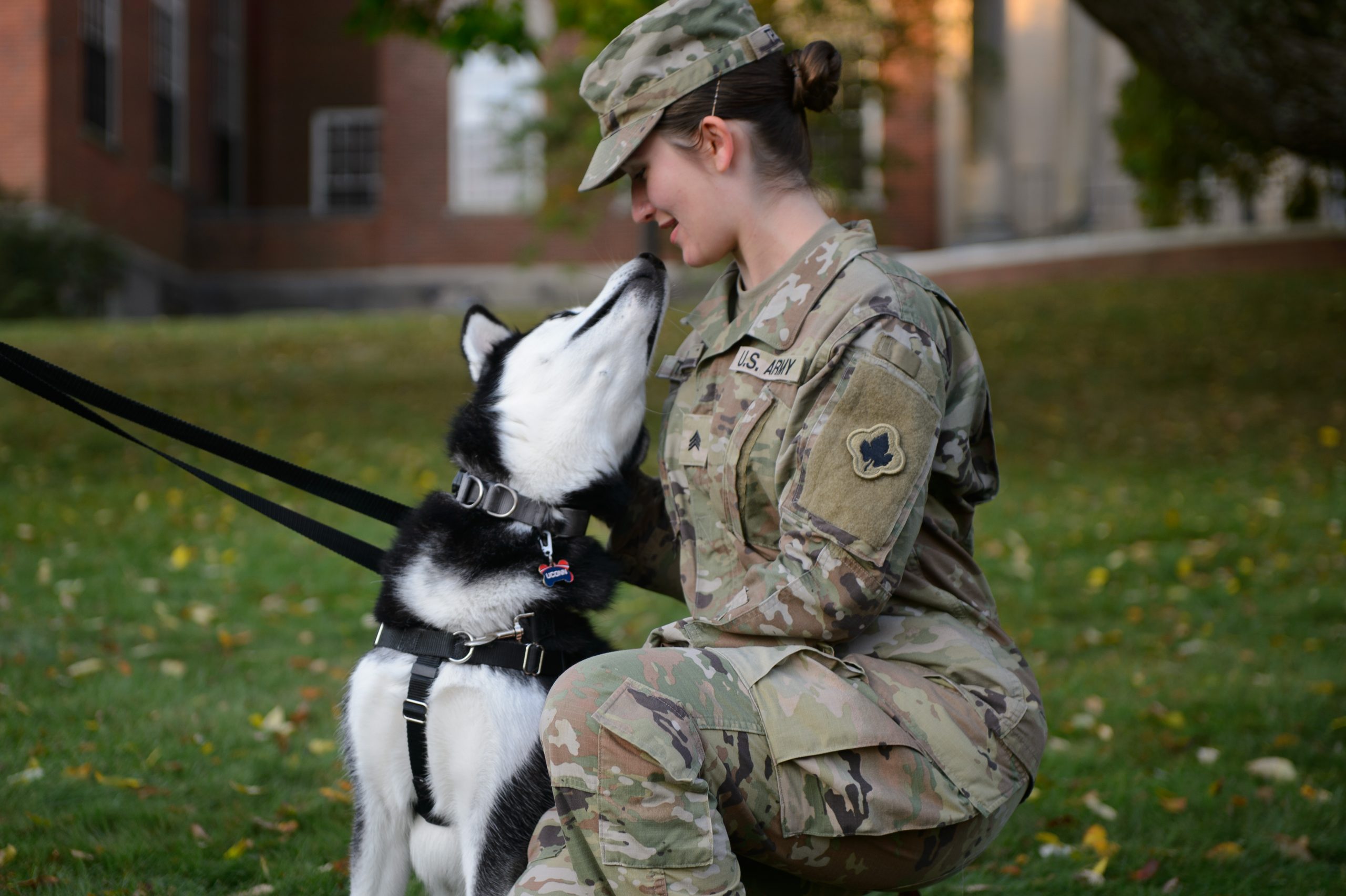 Rhiannon Trunzo '26 (CLAS) pets Jonathan the Husky on Oct. 4, 2024. (Baker Charbonnet/UConn Photo)