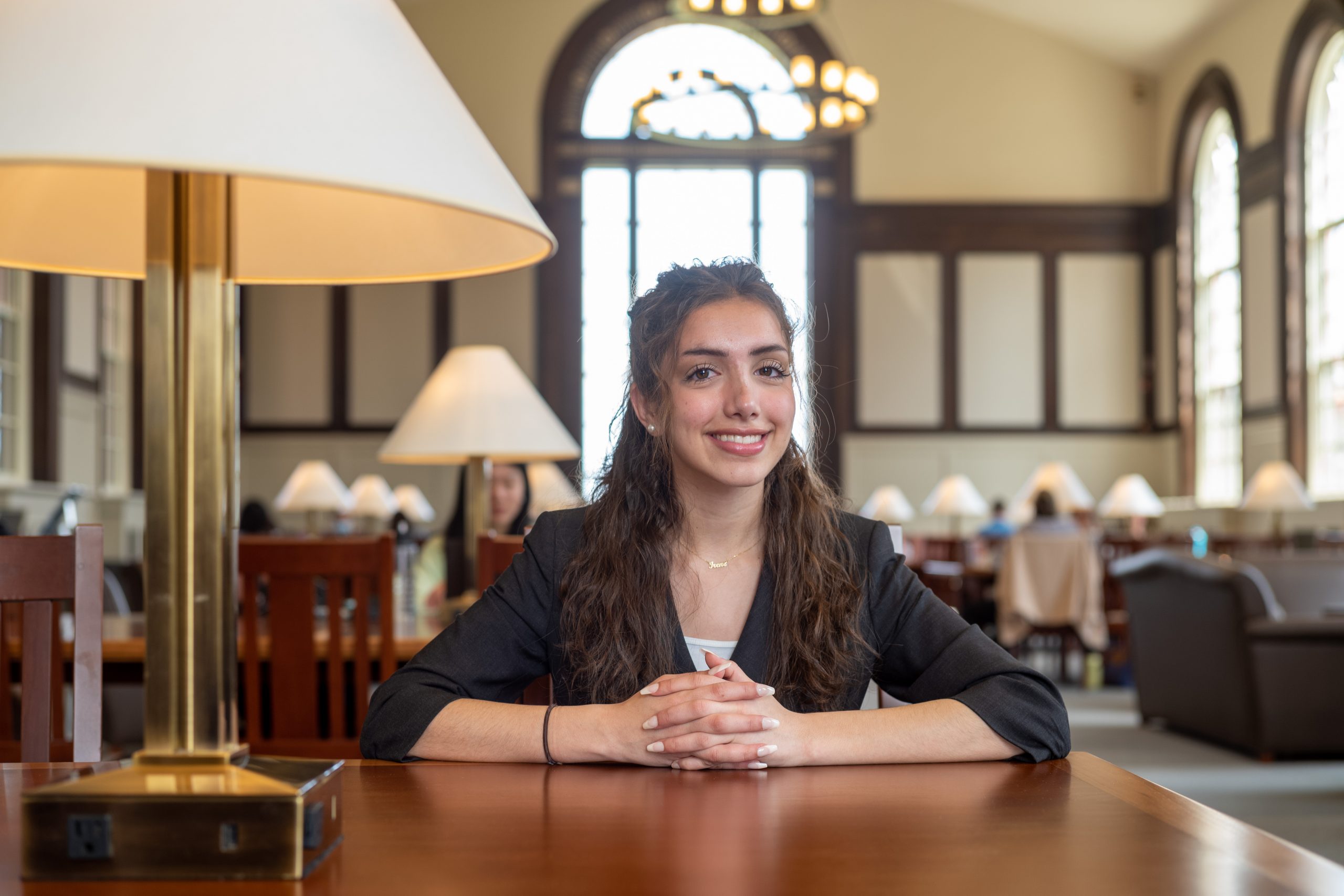 Irene Soteriou, a Truman scholar, at the Wilbur Cross North Reading Room on April 13, 2022. (Peter Morenus/UConn Photo)
